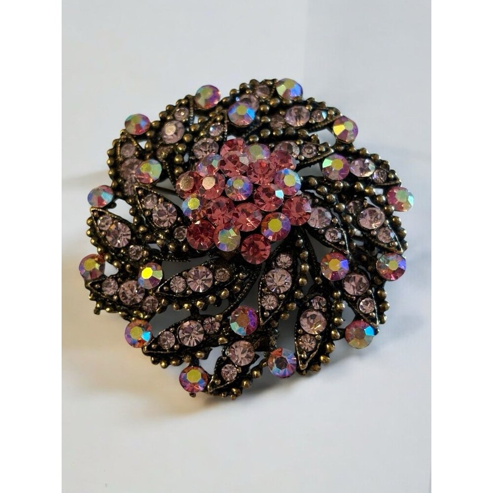 VTG Layered Flower Brooch Pin Pendant Cluster Pink AB Rhinestones Spiral Domed